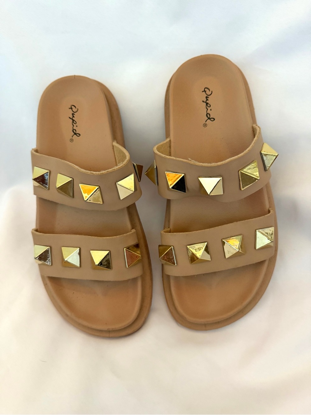 Qupid Tan Double-Strap Slide Sandals with Gold Studs
